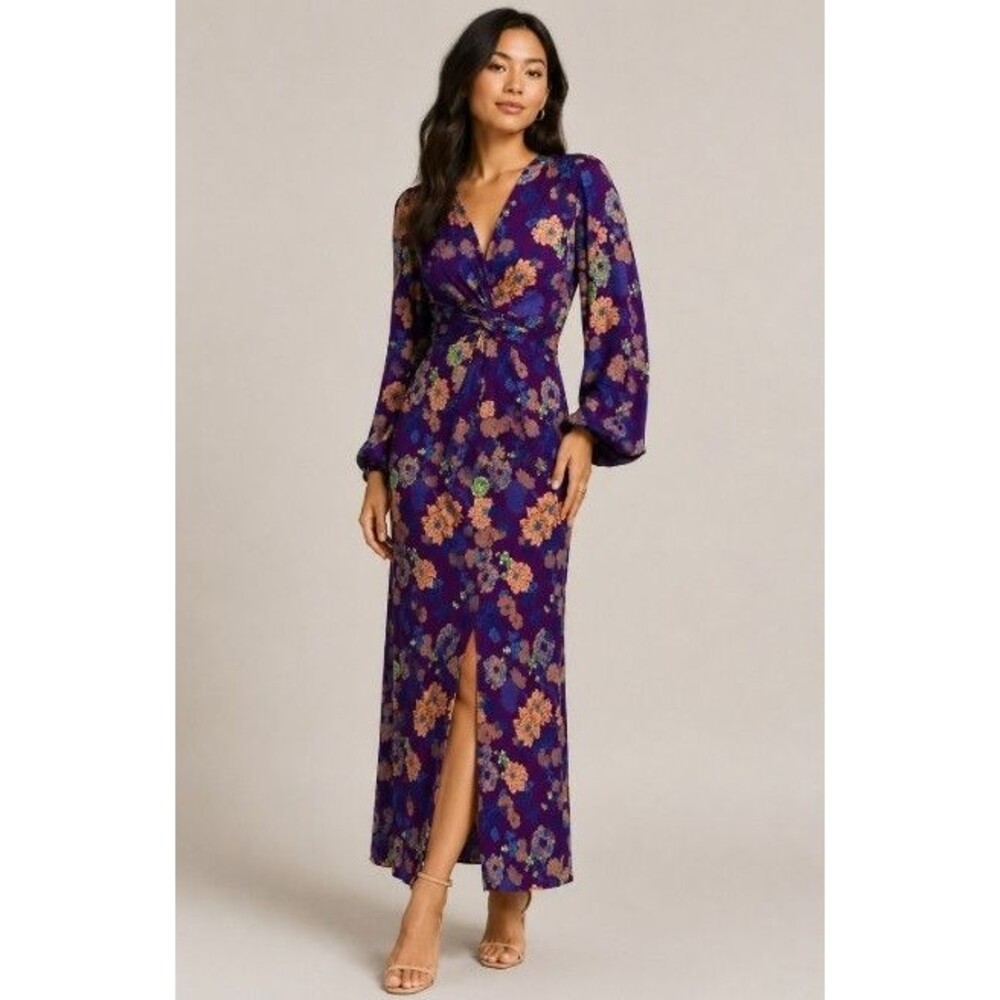 Smythe Purple Floral Twist Front V-Neck Midi Dress Long Sleeve XS Made Canada
